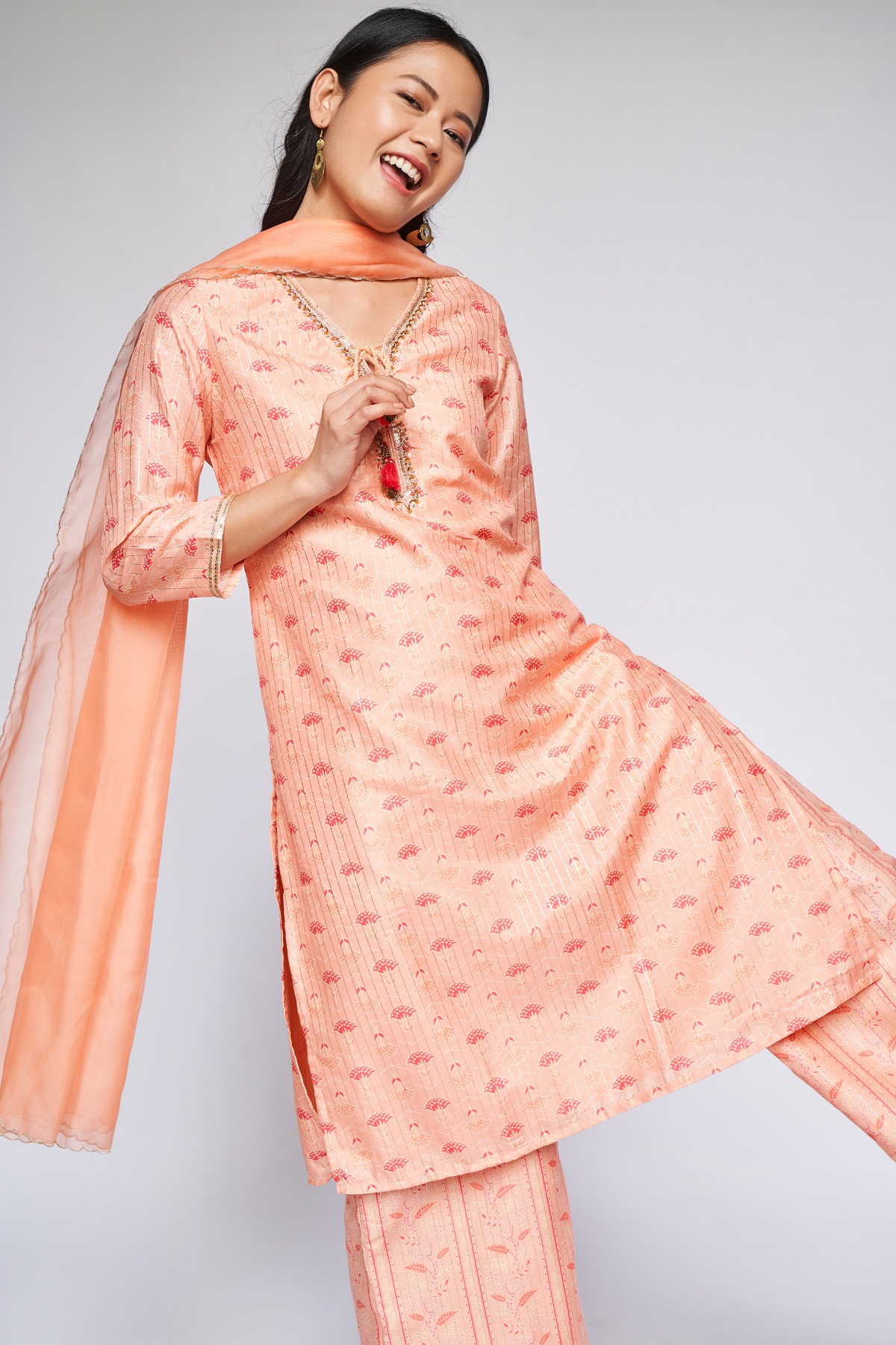 Peach Floral Straight Suit, Peach, image 3